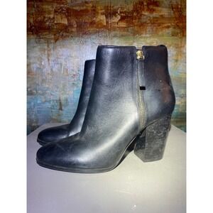Aldo Noemieflex Black Leather Ankle Boots Block Heel Gold Zip Womens Size 9